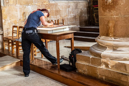 Art restorer in Notre-Dame Cathedral, Le Havre