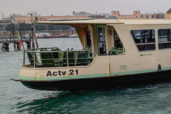 ACTV vaporetto aft open-air seats in Venice, Italy.