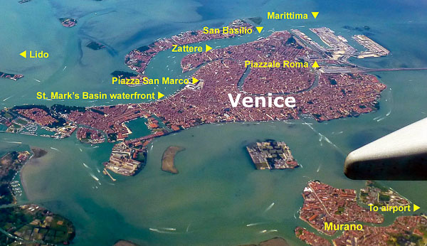 Aerial photo of Venice with captions.