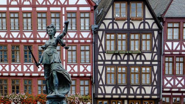 Römerplatz with Lady of Justice in Frankfurt, Germany.