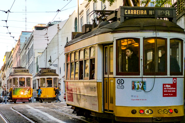 Trams in Lisbon, Portugal.