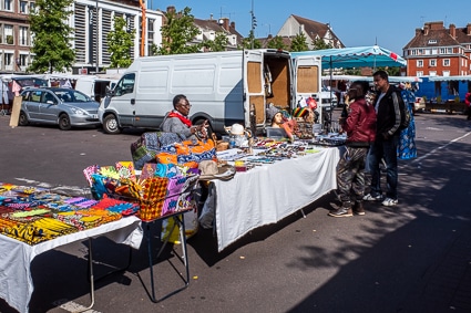 Clothing vendors at Place des Halles, Beauvais