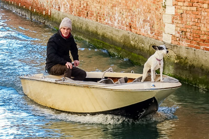 Dog on boat in Venice canal