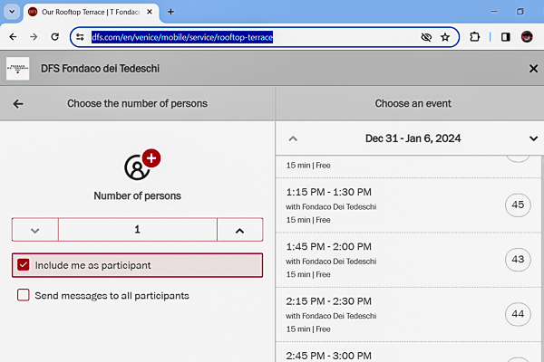 Fondaco dei Tedeschi booking form screen capture.