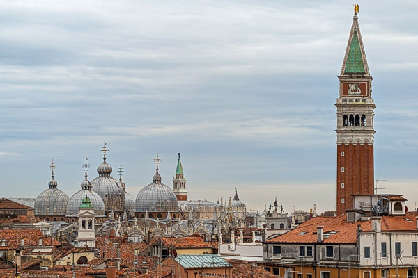 Basilica di San Marco and Campanile di San Marco from Fondaco dei Tedeschi rooftop terrace.