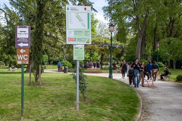 Giardini Napoleonici di Castello WC sign in Venice, Italy.